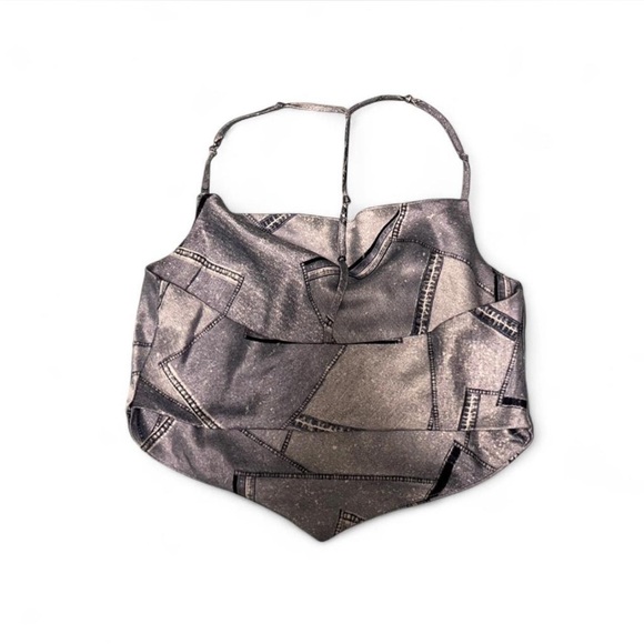 4th + Reckless Denim Print Cowl Neck Silk Top - Size S - Picture 5 of 6